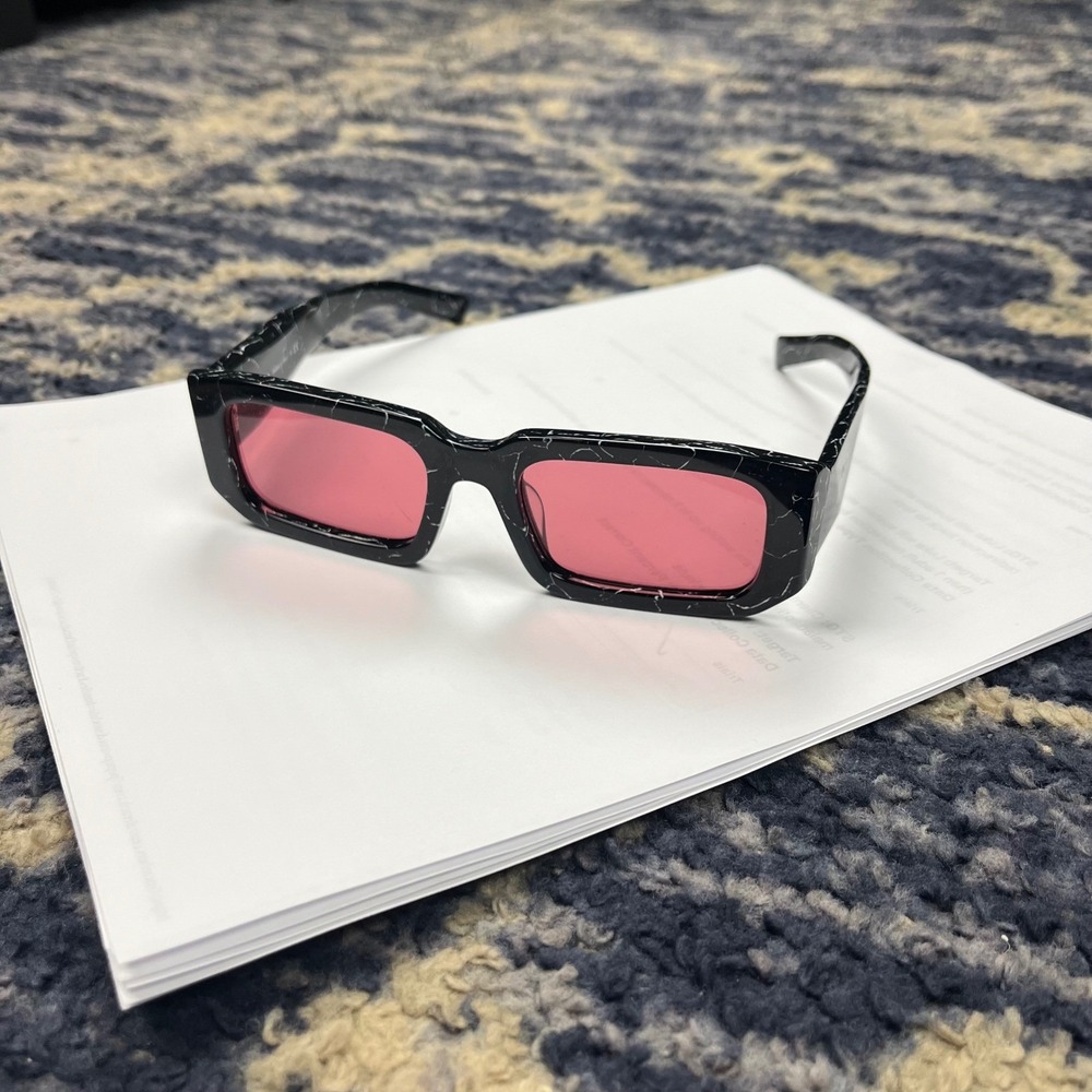Prada SPR 06Y-F Black Marble Pink Lens Rectangular Sunglasses Italy Womens